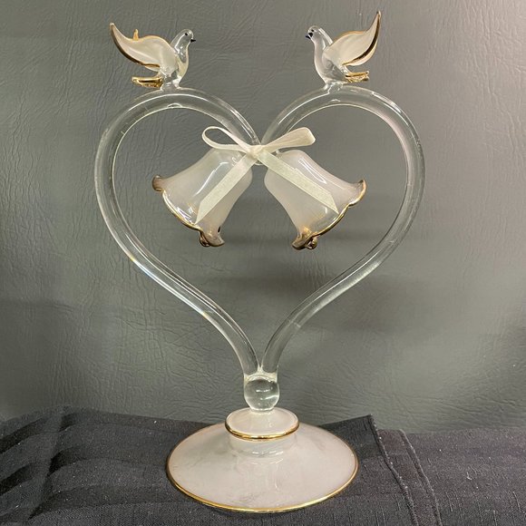 Doves & Wedding Bells Decor Cake top Handblown Glass Sculpture Clear w/Gold Trim - Picture 1 of 8